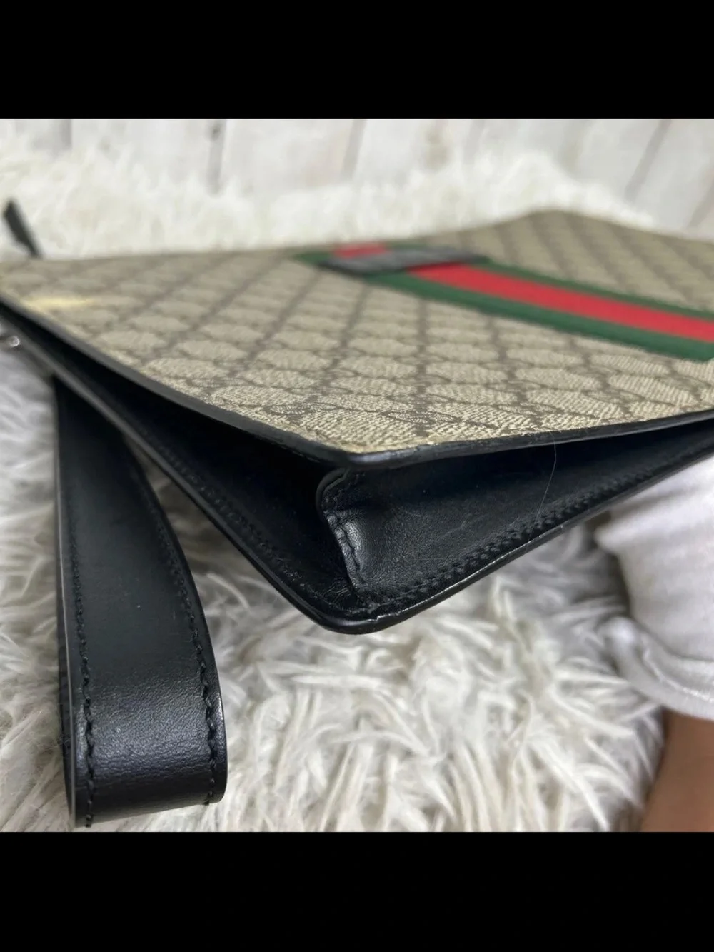 Gucci Beige GG Supreme Canvas Wristlet with Red and Green Web Stripe